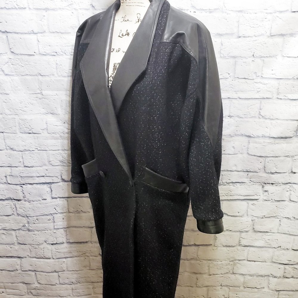 David Benjamin Black Wool Leather Lining Long Coat